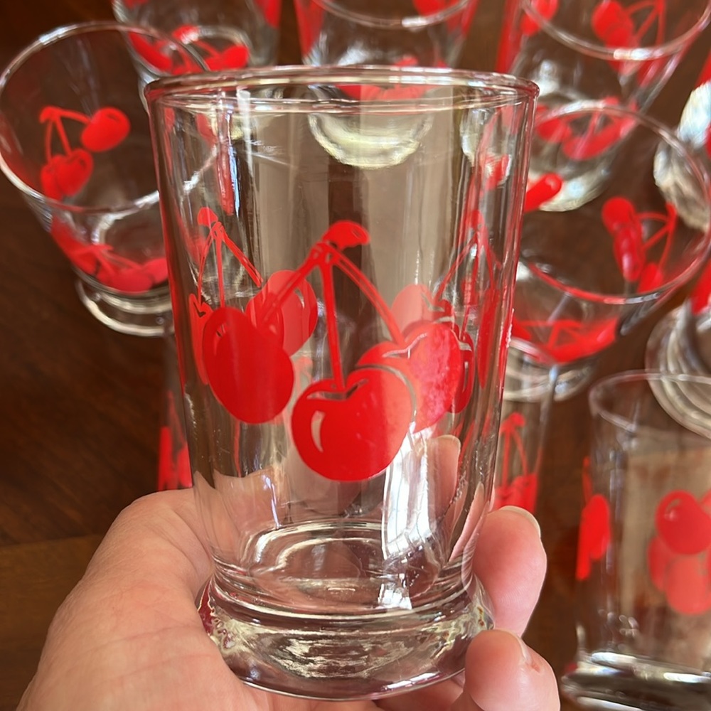 Set of 11 Vintage 4" Small Tumbler Glasses Red Cherries.